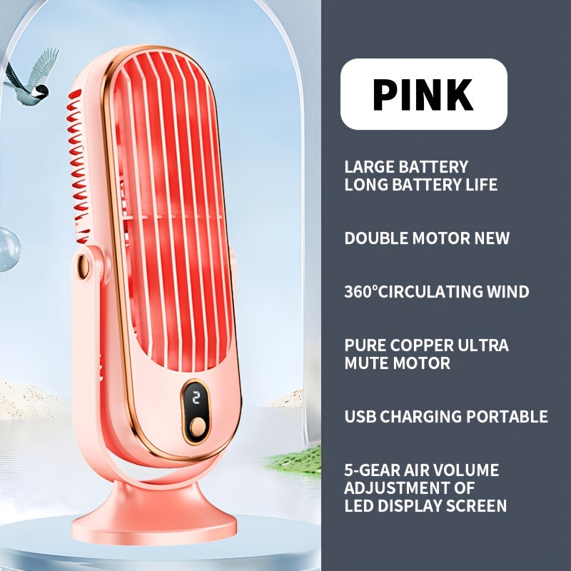 Get maximum airflow with the 720° Oscillation Table Fan, featuring dual motors for powerful performance. This portable fan offers 5-speed settings for quiet operation and is made of sturdy plastic material. With USB charging and a built-in lithium