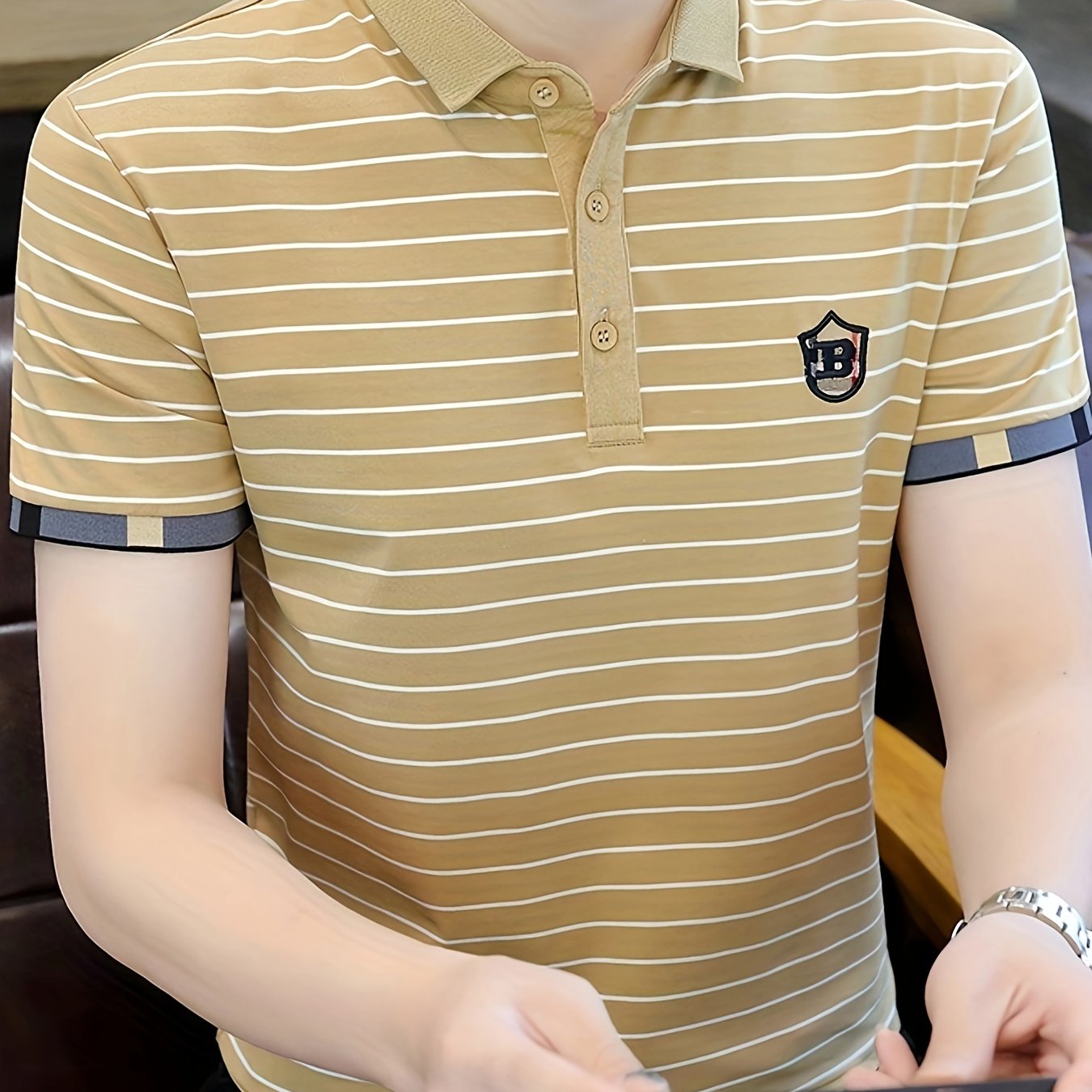 Men's Striped Golf Shirt with B Embroidery and Graphic Print, Casual Lapel Shirt for Summer Outdoor Activities