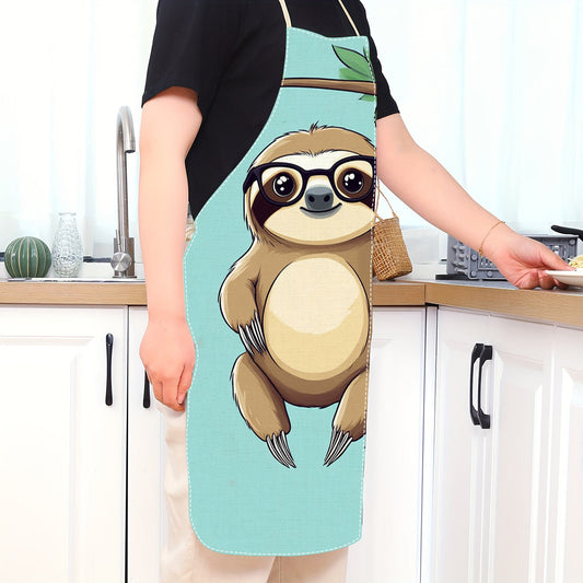 Kitchen apron featuring a teal sloth cartoon design. Made of linen, this apron is breathable, waterproof, and oil-resistant. It is easy to clean and made of durable fabric with pockets for cooking tools.