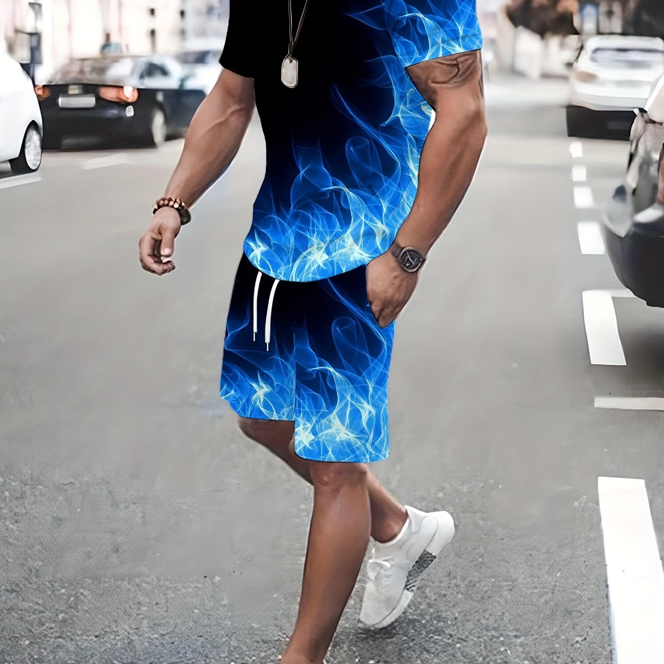 Summer outfit: Flames print t-shirt and shorts set for plus size men