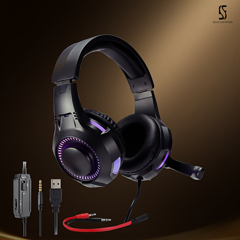 Anime gaming headset with microphone, 7.1 surround sound, push-to-talk control, noise isolating ear cup design, plastic material, 3.5mm jack, wired for desktop, laptop, and console gaming.