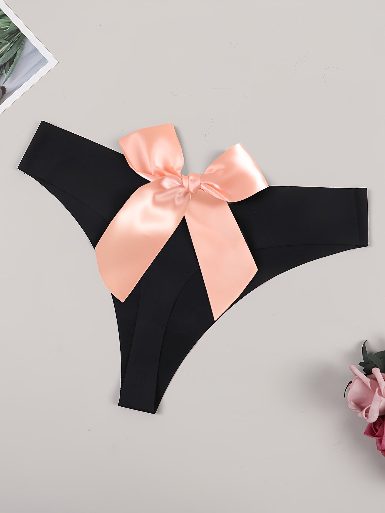 Adult Elegant Lingerie: Solid Color G-String Thong with Bow Detail, Polyamide and Elastane Blend, Knit Fabric