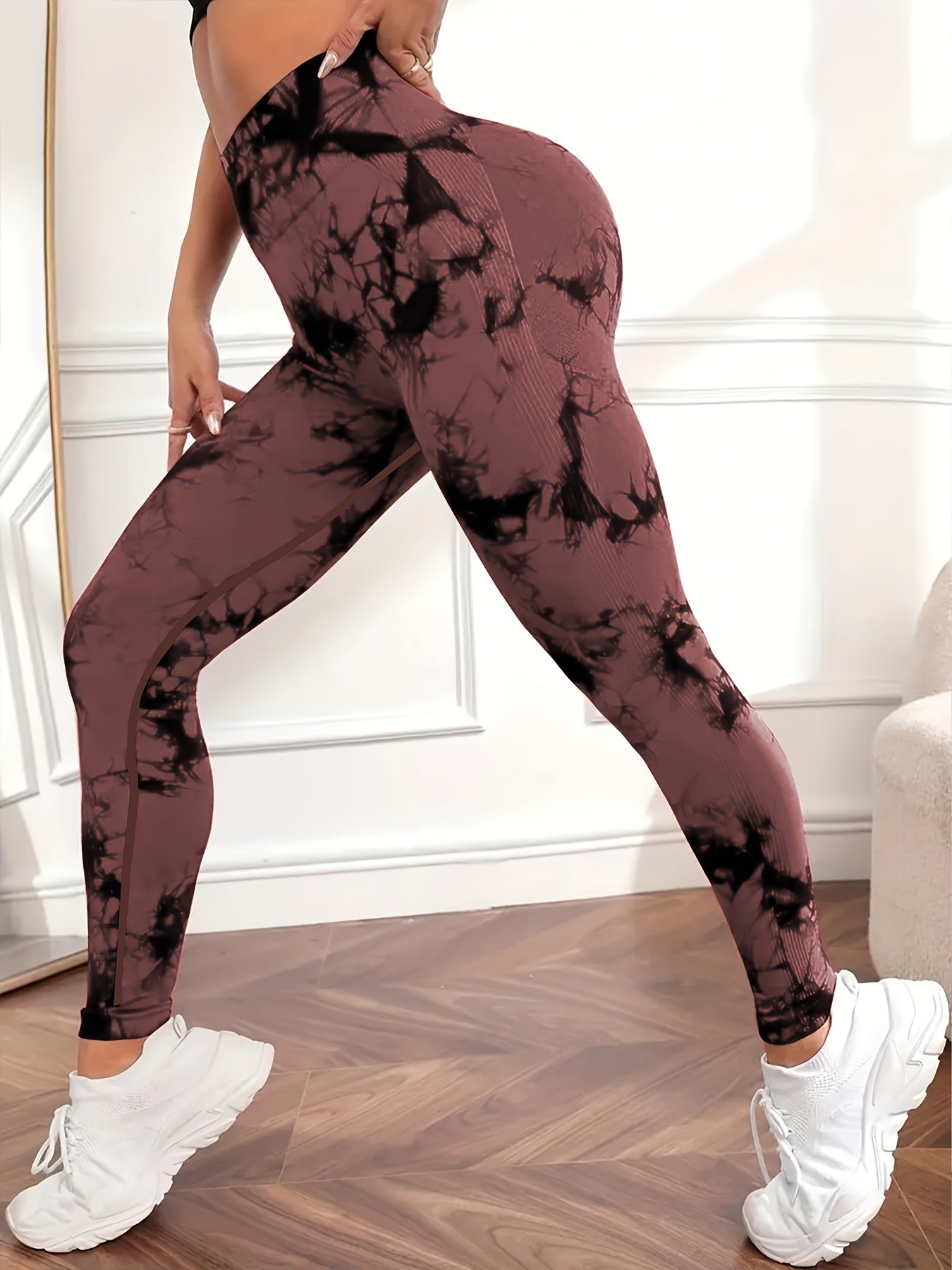 High-waist Peach Lift Tie-Dye Yoga Leggings made of seamless, stretchy & breathable nylon/elastane blend for women. Machine washable.