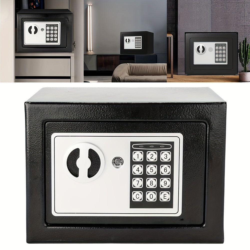 Secure digital security safe with combination and key lock for storing valuables in homes, offices, and hotels. Made of metal and powered by dry batteries. Not waterproof.