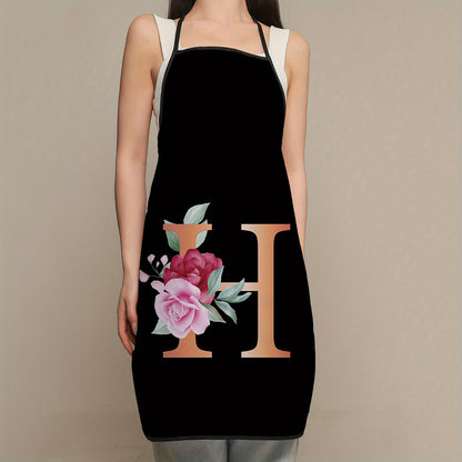 Women's flower and letter printed polyester apron - waterproof, thickened, and cute for household and kitchen use.