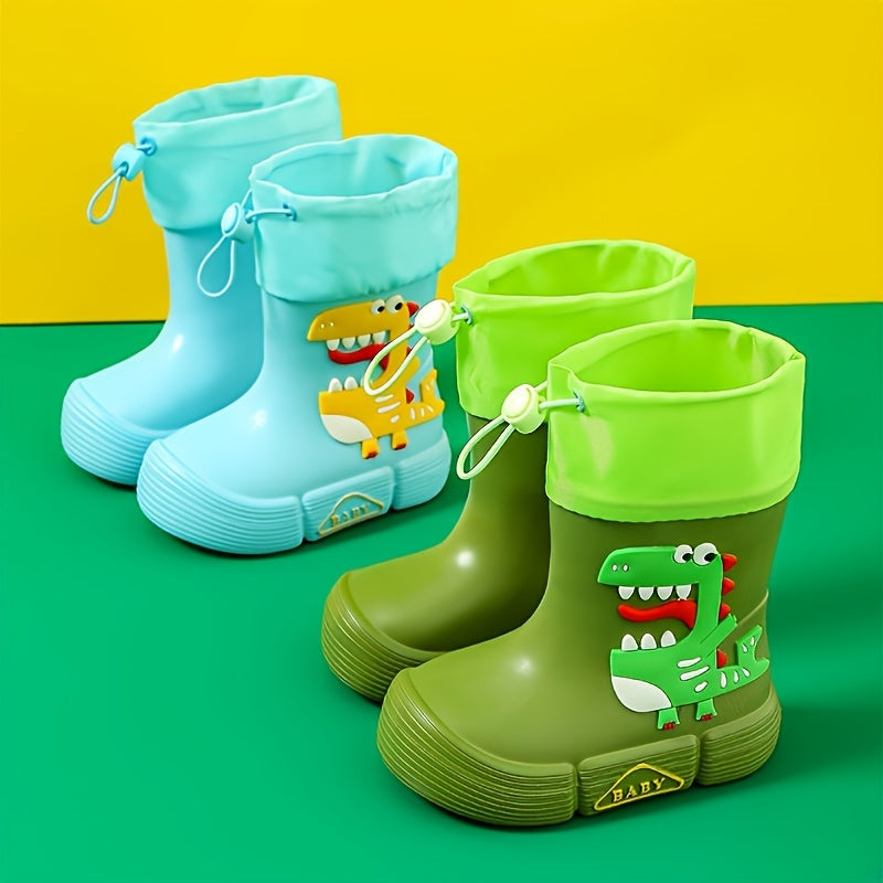 Children's waterproof rain boots featuring adorable cartoon dinosaur and panda designs, with soft, anti-slip soles for both boys and girls.