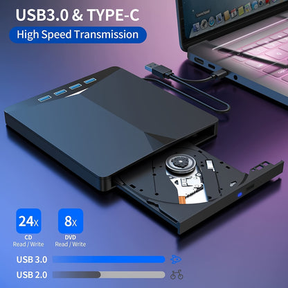 Portable DVD Drive with USB ports, card readers, and high-speed USB 3.0 for laptops and PCs - perfect for movies, music, games, and data transfer.