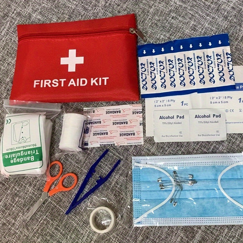 First aid kit with scissors and tweezers, portable and durable, available in 2 sizes, in red, for home, car, camping, and hiking.