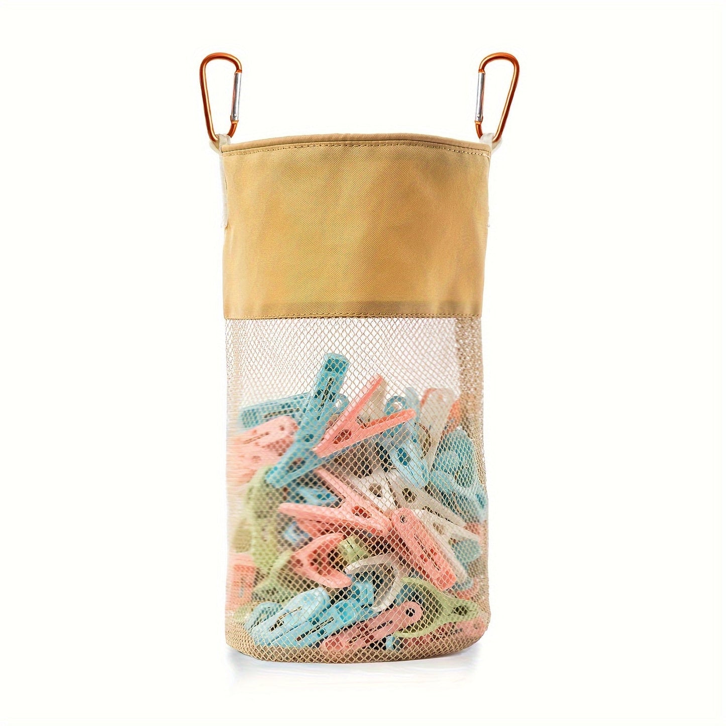 Large capacity clip storage bag with carabiner clips, fabric organizer pouch, suitable for hanging on walls or closets, ideal for organizing home and office supplies.