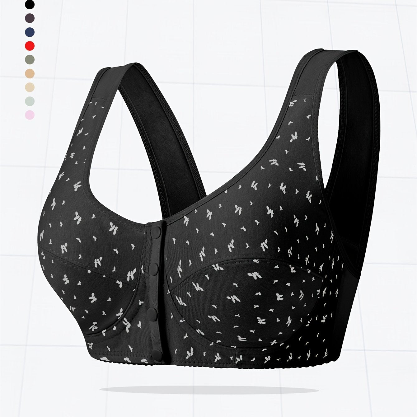 Large women's solid color front buckle vest style bra, comfortable and breathable with random printing, no steel ring.