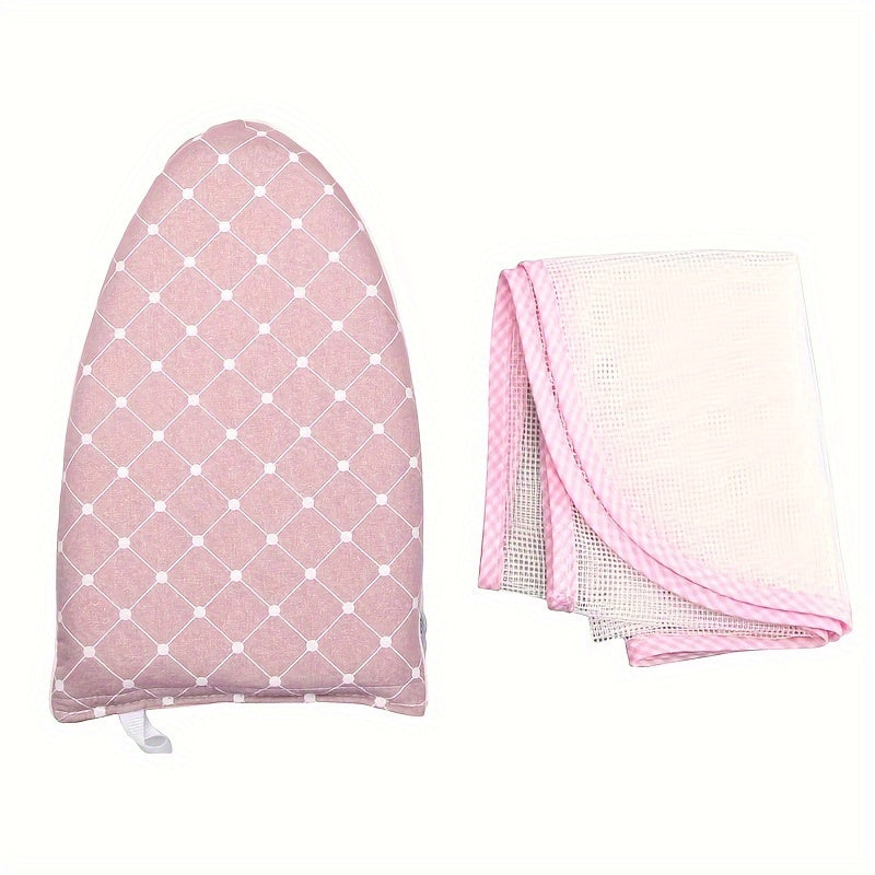 Set includes a plaid mini ironing board, ironing insulation net, and portable plastic handheld sleeve board for precise detail ironing on collar cuffs and sleeves.