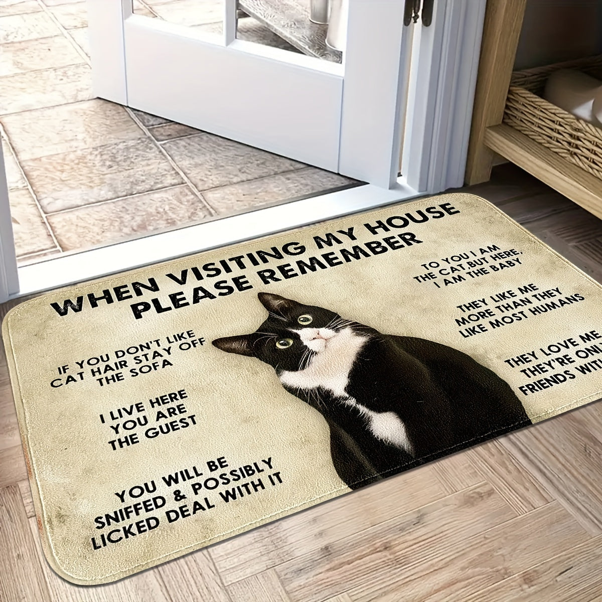 Welcome cat lovers with this non-slip polyester doormat featuring a cute cat print. This machine washable mat is lightweight and has a knit weave, making it perfect for use in the bathroom, entrance, hallway, or bedroom. Made from comfortable soft