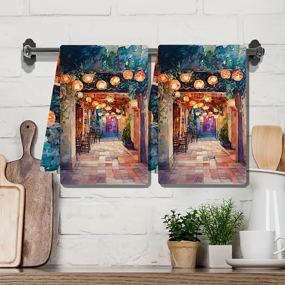 Two pieces of kitchen towels featuring an "Enchanting Lantern-Lit Courtyard" design. These ultra soft towels are highly absorbent, machine washable, and have a contemporary style. Measuring 40.64x60.96 cm, they are perfect for holiday decor.