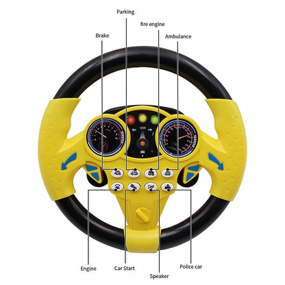 Children's driving simulator steering wheel toy with suction cups, educational interactive car wheel made of plastic. Multi-functional with sound effects in pink and yellow, perfect gift