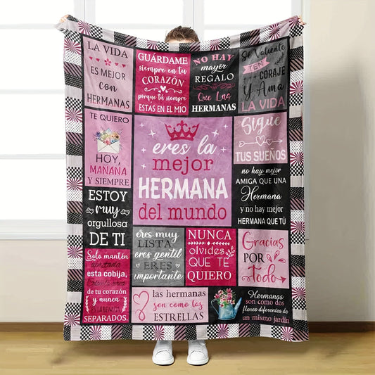 Contemporary Plaid Flannel Throw Blanket Featuring Mixed Colors and Spanish Phrases, Hypoallergenic Material for All-Season Use, Dry Clean Only, Versatile Gift for Sister - Digitally Printed on Knit Polyester Fabric