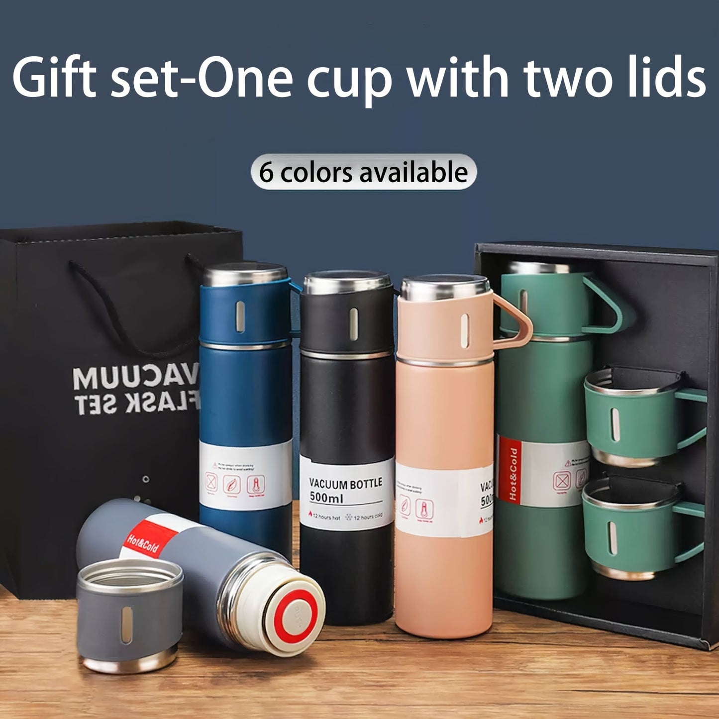 Stainless steel travel mug set with 3 lids - ideal for hot and cold drinks, great gift for any season.