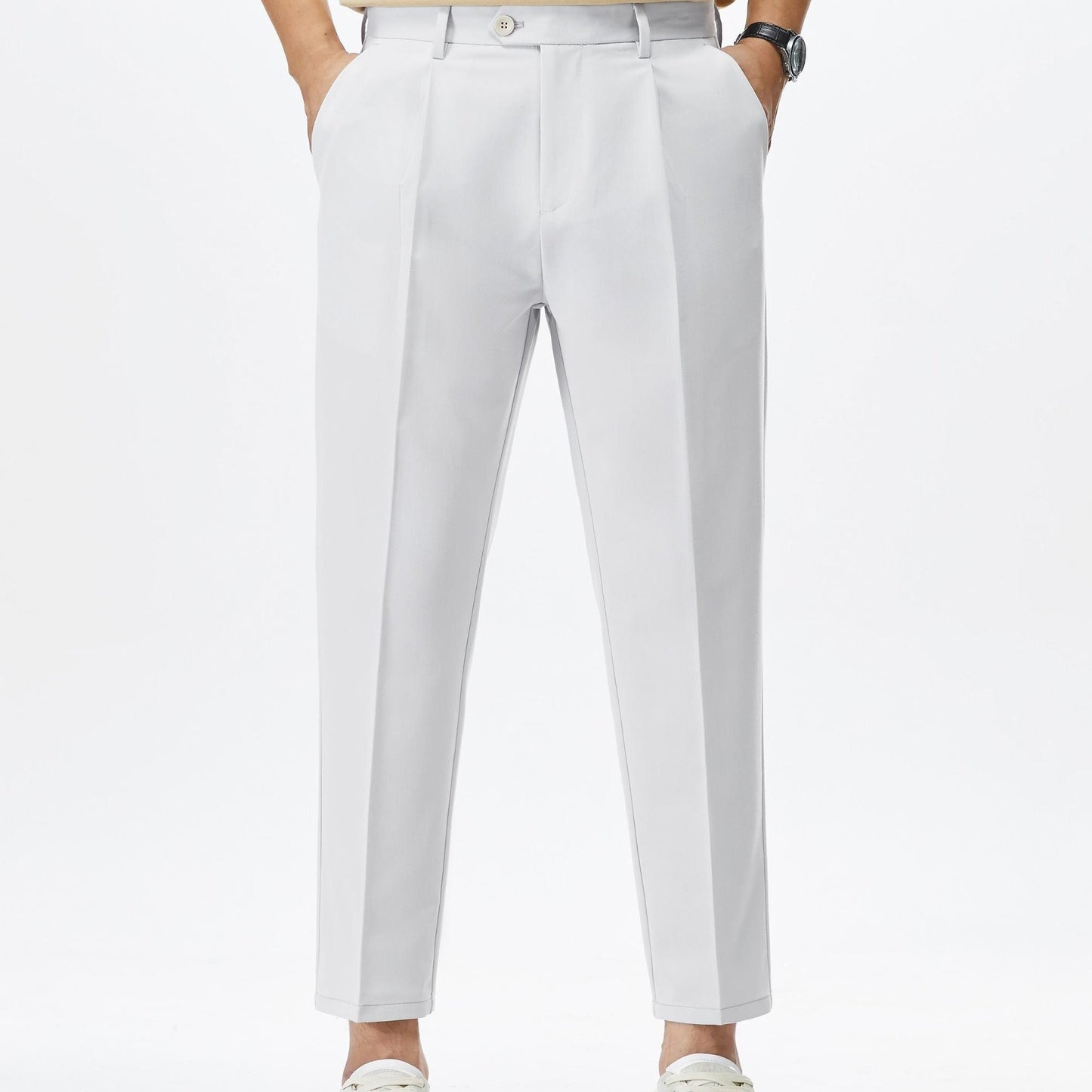 Men's cropped pants in solid color, semi-formal style for casual outdoor wear.