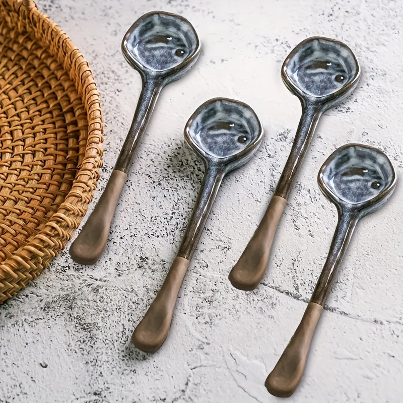 Get a set of stylish Retro European Style Ceramic Coffee Spoons - includes 4 pieces. These heat-resistant spoons are perfect for stirring coffee, salads, breakfast, or soups at family gatherings. Ideal for use in kitchens, dormitories, or restaurants. A