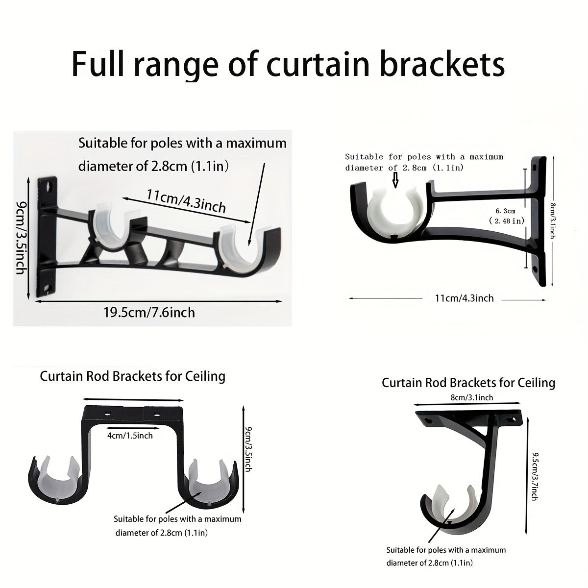 Two pieces of Metal Top Curtain Rod Thickening Brackets, perfect for mounting your Shower Curtain Rod or any other curtain. Includes 4 screws and plastic expansion tube for easy installation. Ideal for holding your curtain accessories and enhancing your