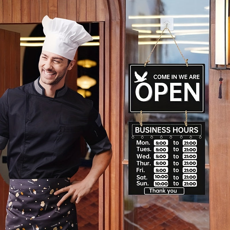 Enhance your bar with our sophisticated double-sided hanging sign for "Open/Closed" featuring a stylish retro design. Crafted from durable black acrylic, this elegant sign includes a pen for easy customization of business hours and customer notes.