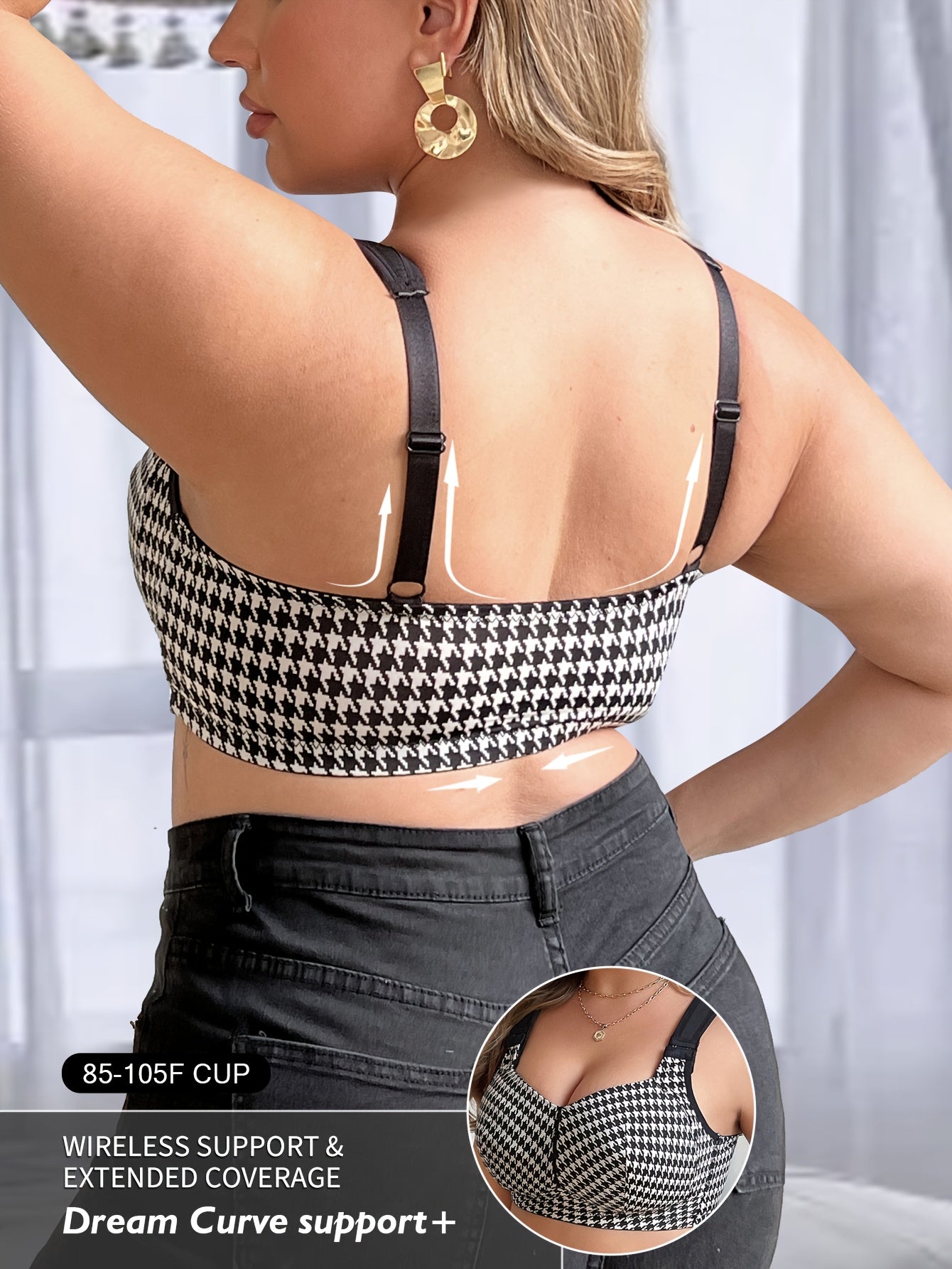 Houndstooth bralette for plus size with elegant fabric, wireless, no padding, medium stretch, and applique detail in a one-piece style.