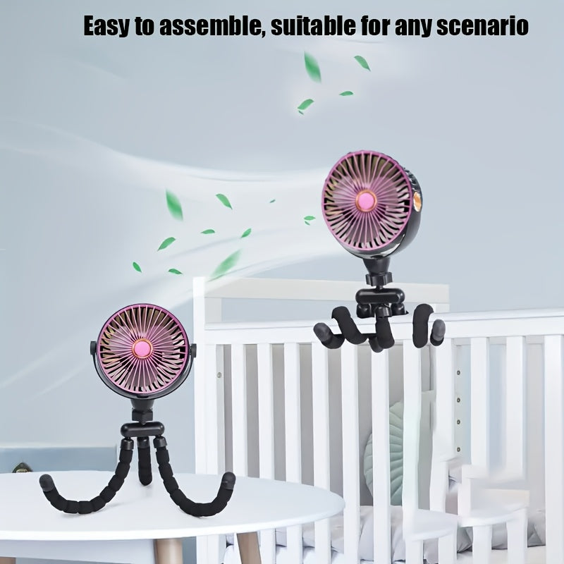 The YAIAWISU Portable Stroller Fan in Sleek Pink Octopus Design is a USB Rechargeable fan with a 2000mAh Lithium Battery. Perfect for Travel & Outdoor Use, it comes with an Adjustable Stand & Wearable Strap for convenience.