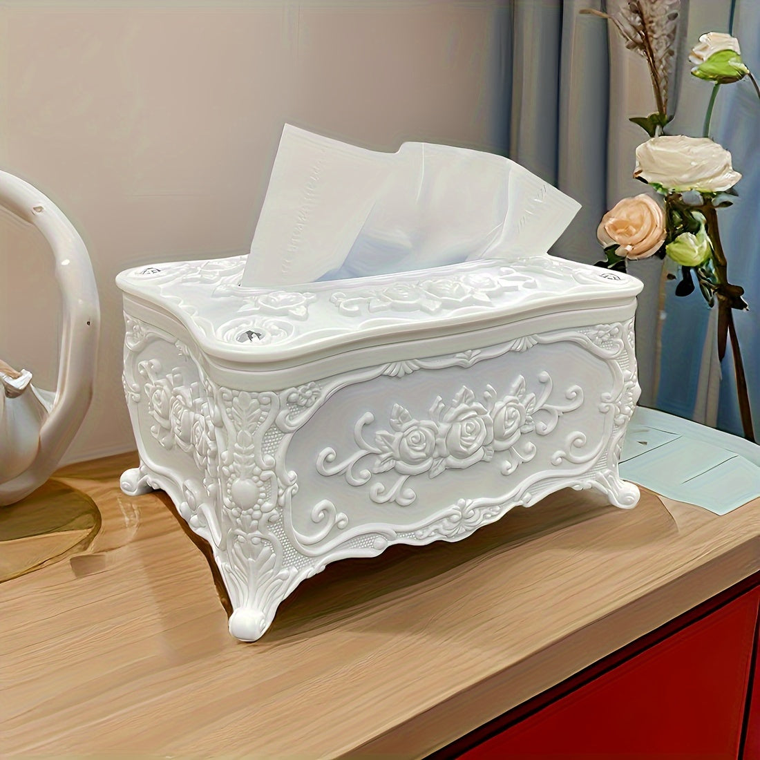 Retro tissue box holder for home decor in kitchen, bedroom, living room, or dining room. Made of plastic.