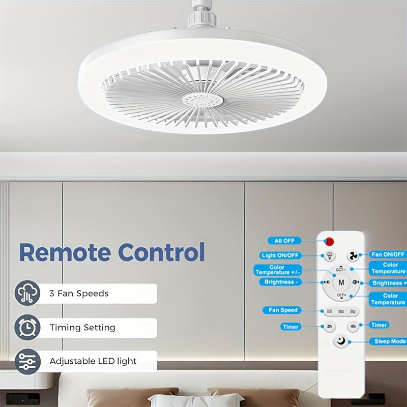 Compact 360° ceiling fan with remote control, 50W three-speed wind, 3 colors dimmable LED light. Suitable for bedrooms, kitchens, storage rooms, and closets. White, E26 light socket with