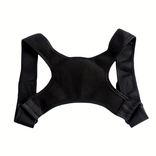 Adult posture corrector back brace in black, made of knit fabric with polyester and kapok blend, hand wash only.