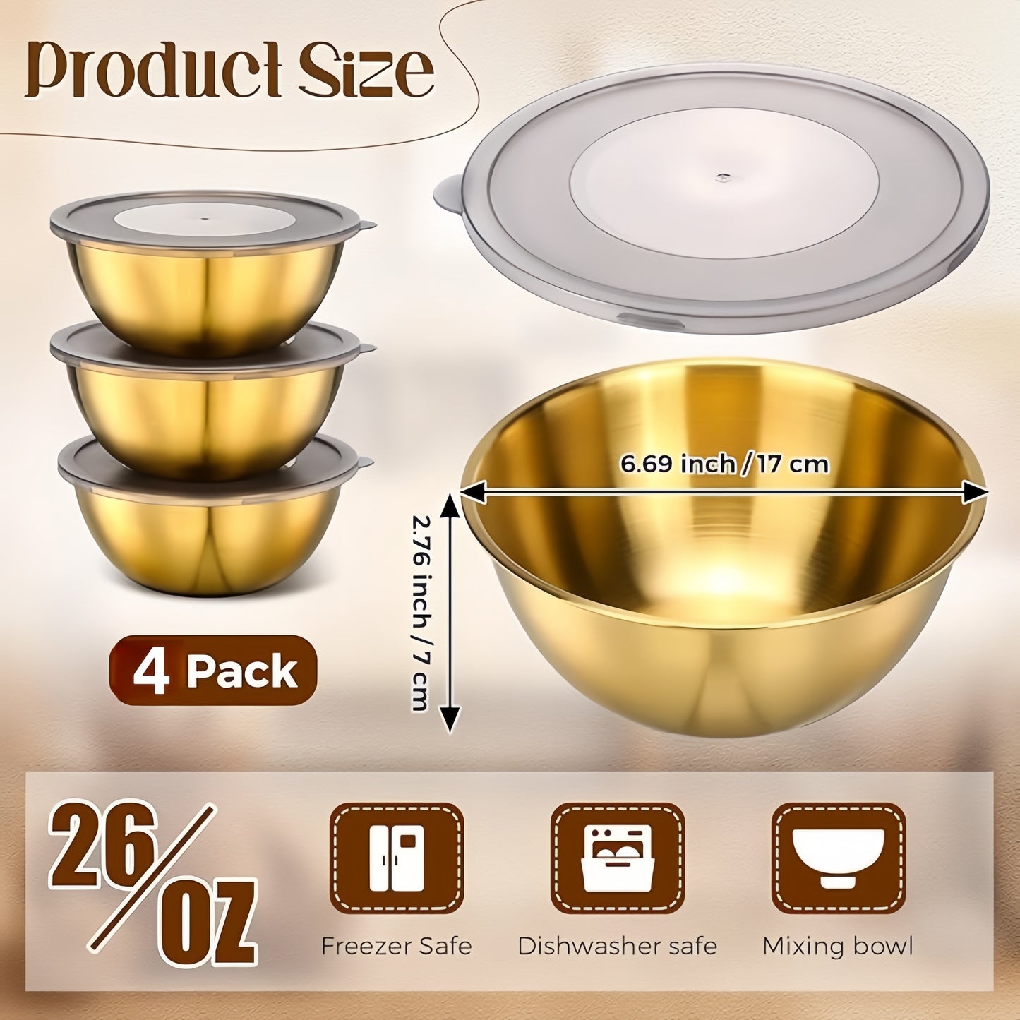 4pcs of 17.02 cm Gold Mixing Bowls with Airtight Lids, ideal for serving salads, fruits, soups, and snacks.