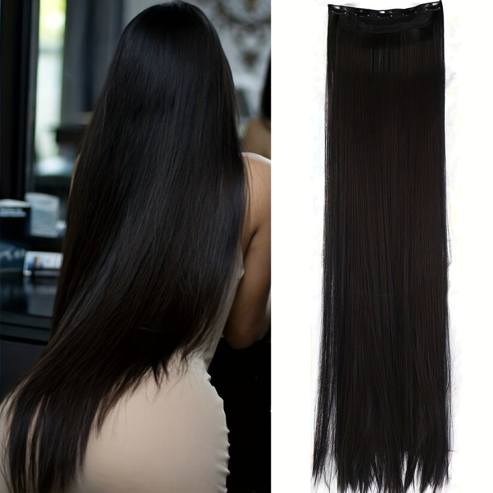 Long synthetic clip-in hair extensions for full head volume and length, easy to wear.