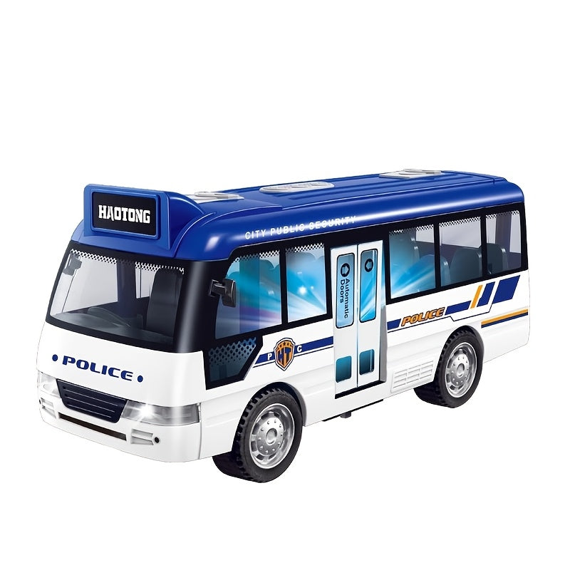 Friction-powered school bus toy with realistic sounds and flashing lights, perfect gift for youngsters. Sky blue/pink, diecast plastic.