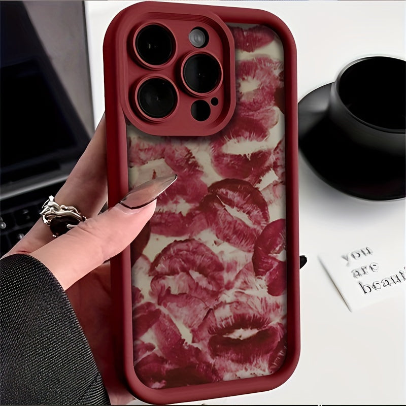 High-quality TPU phone case with red lip print design for various iPhone models.