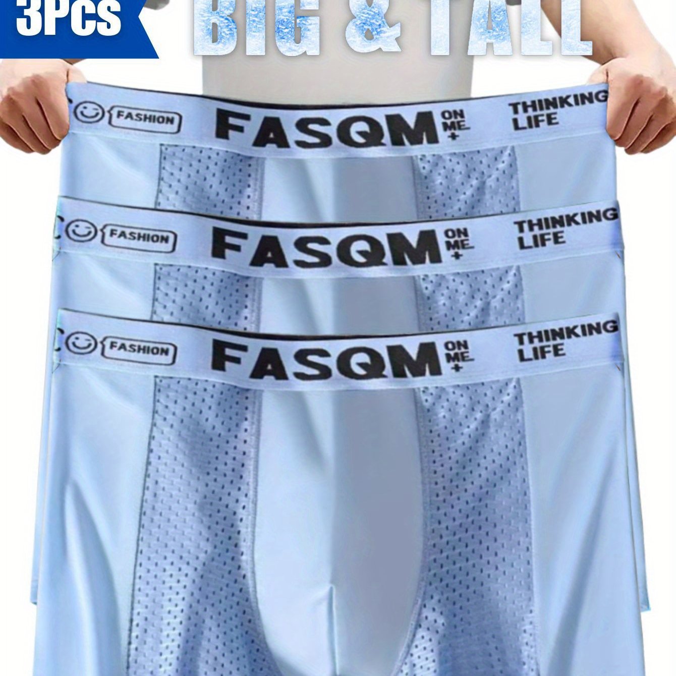 Plus Size Men's Ice Charm Boxer Briefs with Mesh Patch Breathable Stretchy Trunks in Green, Sky Blue, Black, or Deep Gray with Contrast Letter Print Waist Band, PLUS SIZE