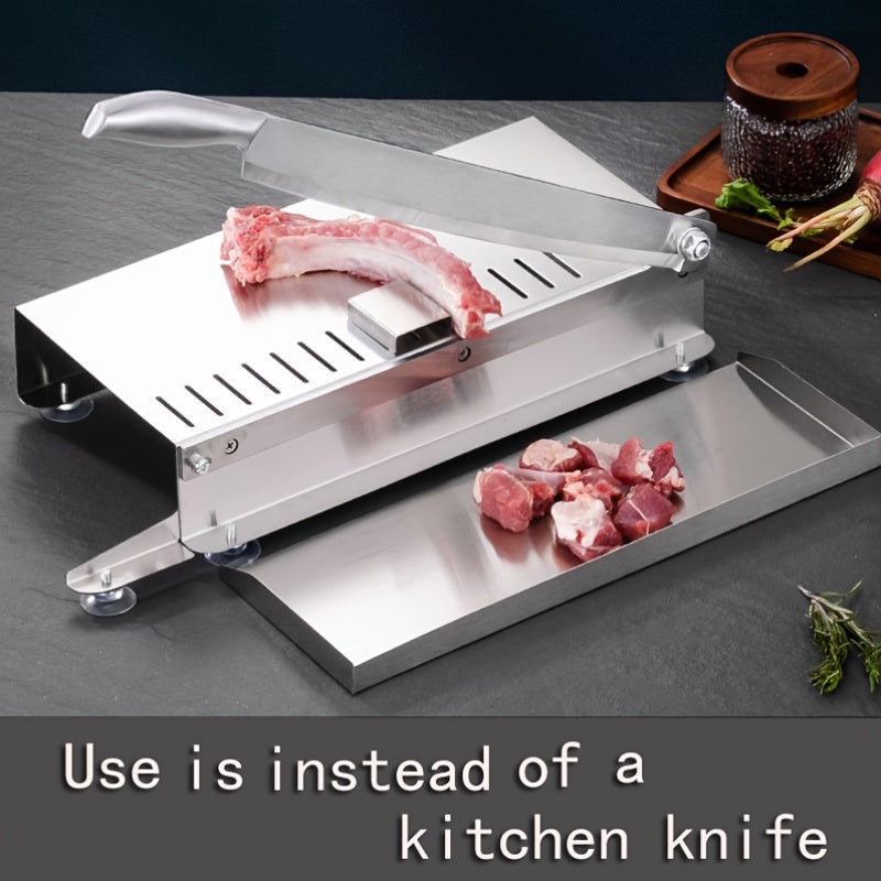 Get your hands on the 1pc Handheld Stainless Steel Food Slicer! This manual mandoline slicer features a 9-inch heavy-duty design with a square blade, perfect for slicing ham, frozen meat, beef, fruits, and vegetables. Say goodbye to dull knives and