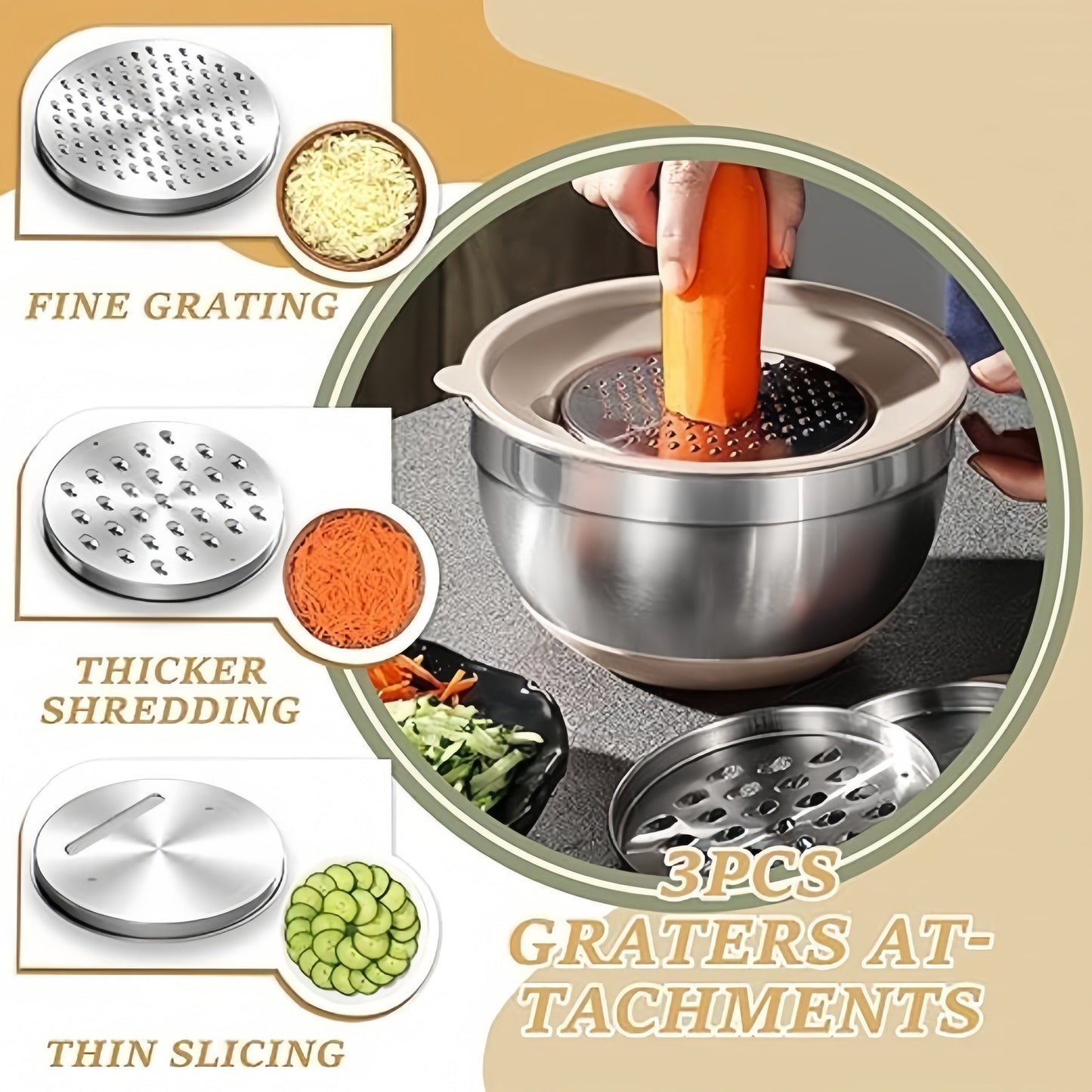 6 Piece Set of Mixing Bowls with Lids and 3 Piece Grater Attachments, Stainless Steel Salad Mixing Bowl Set in Khaki, Includes Sizes 0.95L, 1.4L, 1.9L, 2.4L, 3.2L, and 6.5L - Ideal for Baking and Home Kitchen Use