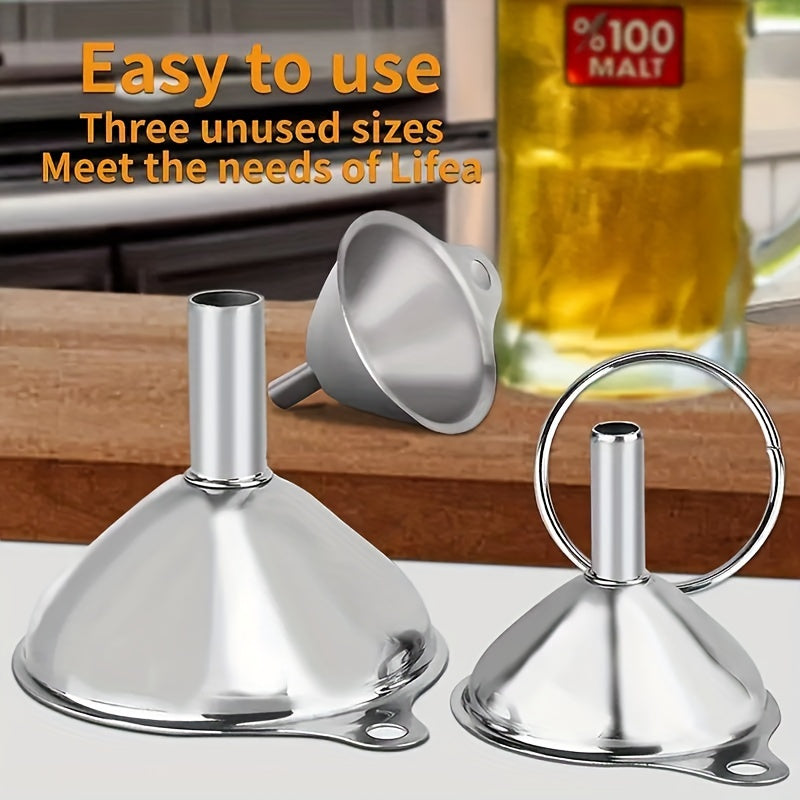 Set of 3 Multi-Purpose Funnels - Constructed from Stainless Steel with Heat Resistance, Ideal for Pouring and Measuring Various Liquids such as Milk, Wine, Oil, Juice, Honey, and Sauces - Must-Have Kitchen Tools for Every Day Cooking and Baking