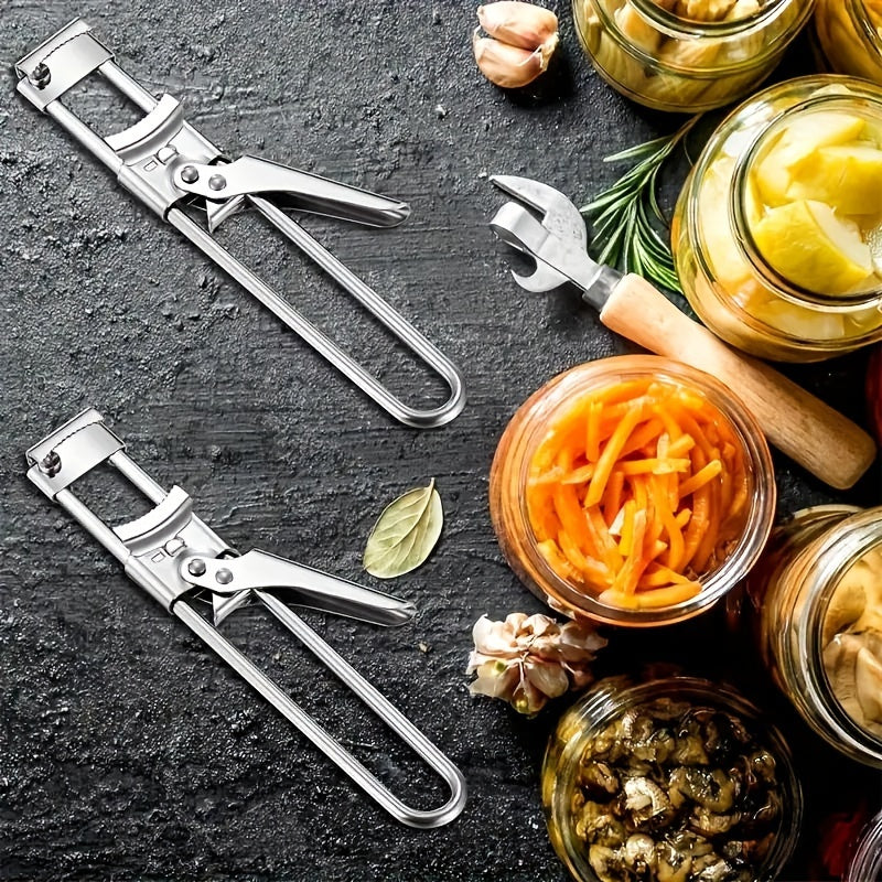 Stainless steel manual jar opener with adjustable lid remover for weak hands - no power needed. Ideal for home and outdoor use.