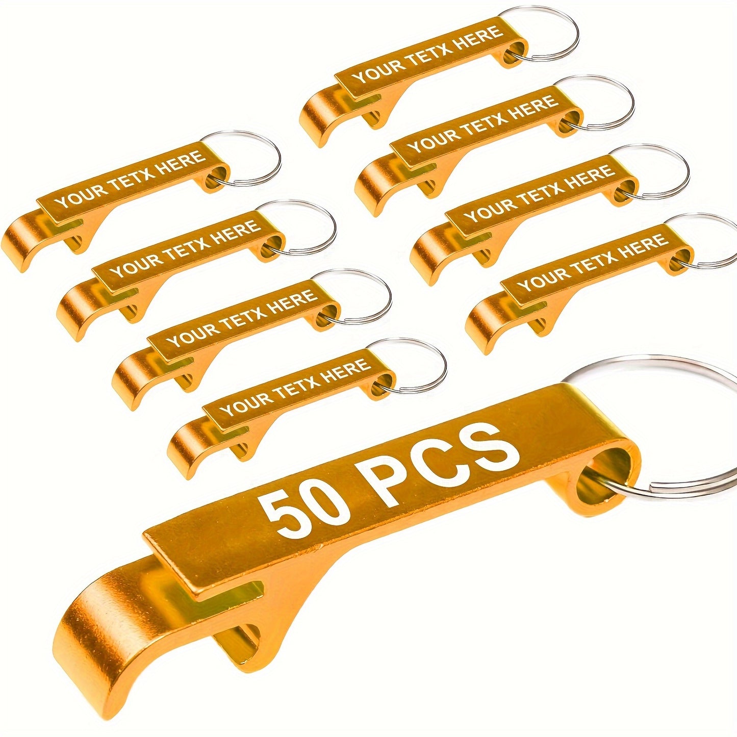 50 custom engraved golden bottle opener keychains - ideal for weddings, corporate events, and promotional gifts.