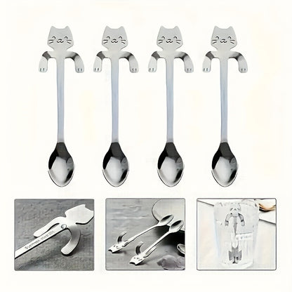 6-piece stainless steel spoon set featuring whimsical cat designs - durable, machine washable, perfect for home, kitchen, parties, weddings, and coffee.