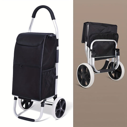 Fashion Shopping Cart with Storage Box, Portable Trolley with Detachable Shopping Bag, Folding Telescopic Pull Cargo Carriage. Convenient for Buying Food, Moving Freight, Camping Travel Essentials. Black color, Super Light with 2 Wheels.