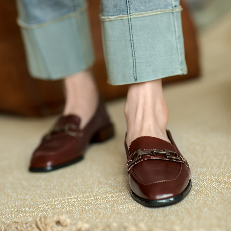 Elegant retro black loafers with golden-tone buckle, chunky heel, and square toe. Versatile casual shoes for all seasons, not washable.