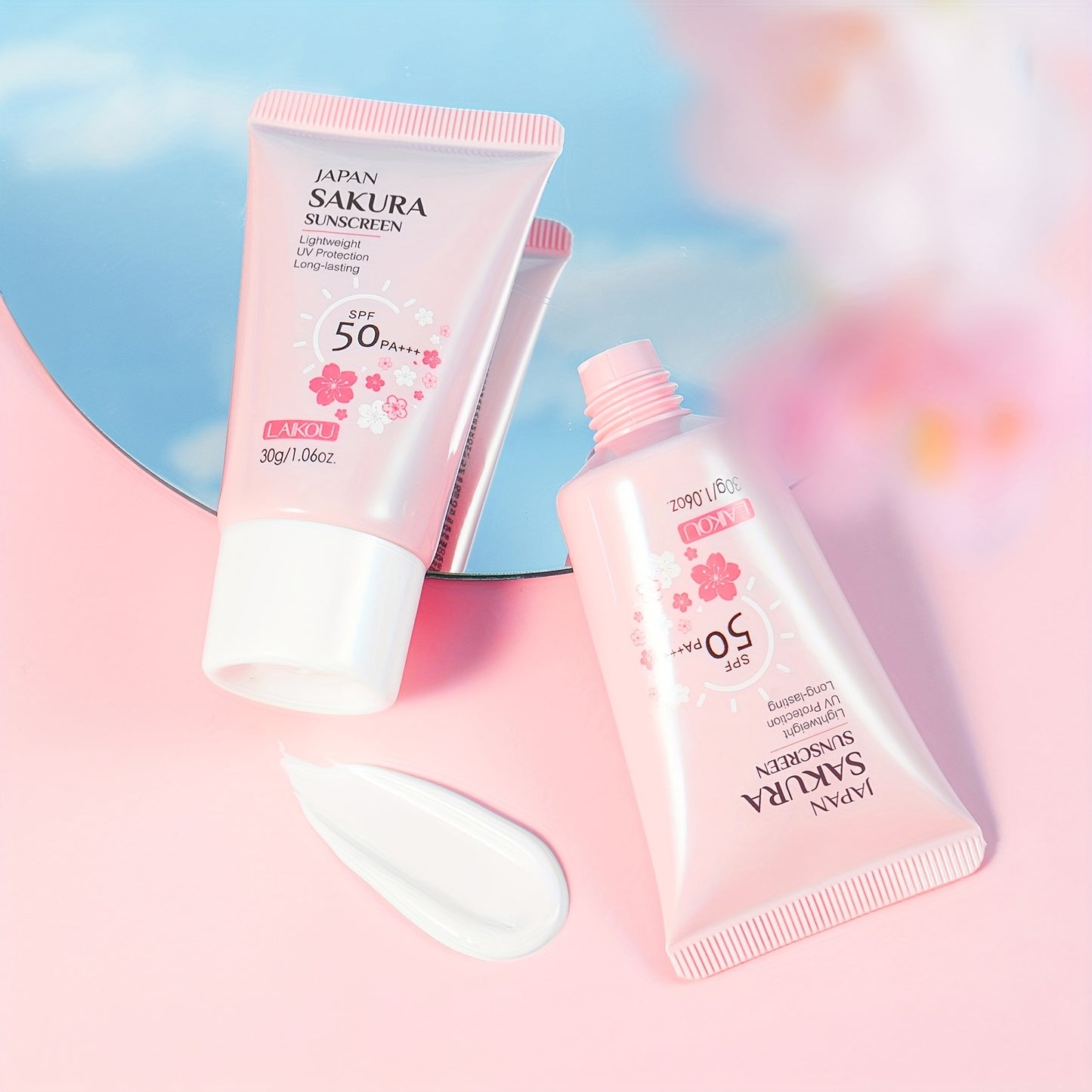 Set of 3 Sakura Sunscreen Creams designed for women, offering protection against blue light and dust, with SPF50/PA+++ for UVA and UVB. Suitable for men's and women's face and body skin