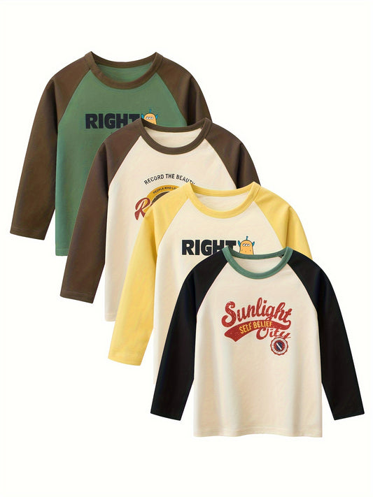 4 boys' cotton long sleeve T-shirts with cartoon print and crew neck, ideal for spring/fall.