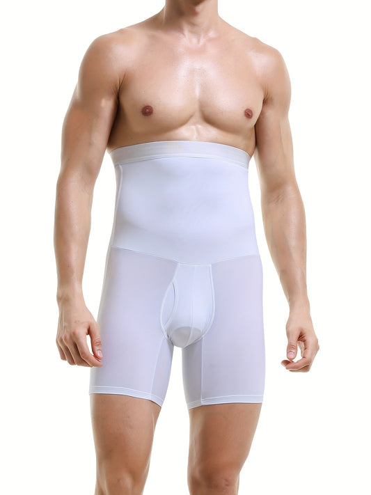 White high-waisted body shaper shorts for men, featuring tummy control and slimming effects.