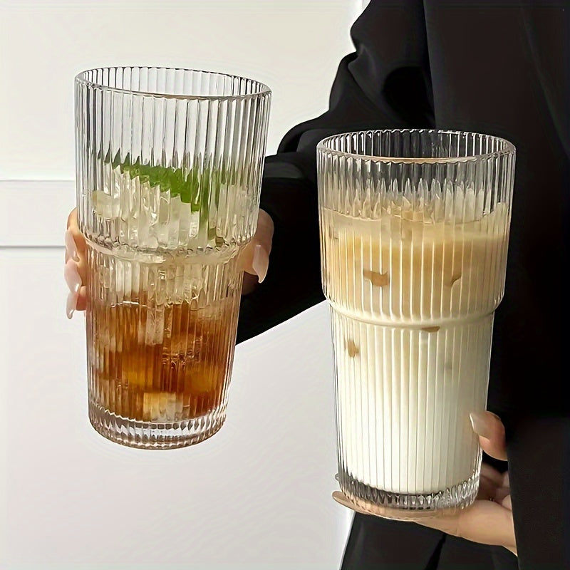 Striped glass tumbler with lid - insulated, hand-wash only - ideal for cold drinks - perfect for home, office, celebrations.