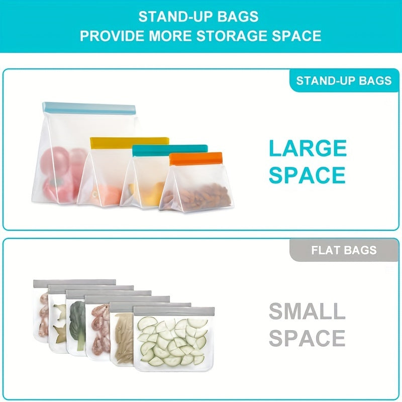 8 to 10 pieces of reusable storage bags in a pack, made of PEVA material that is free from Bisphenol A. These gallon-sized bags are leak-proof and vertical, perfect for storing food in the freezer. Also included are sandwich bags, travel snack bags, and