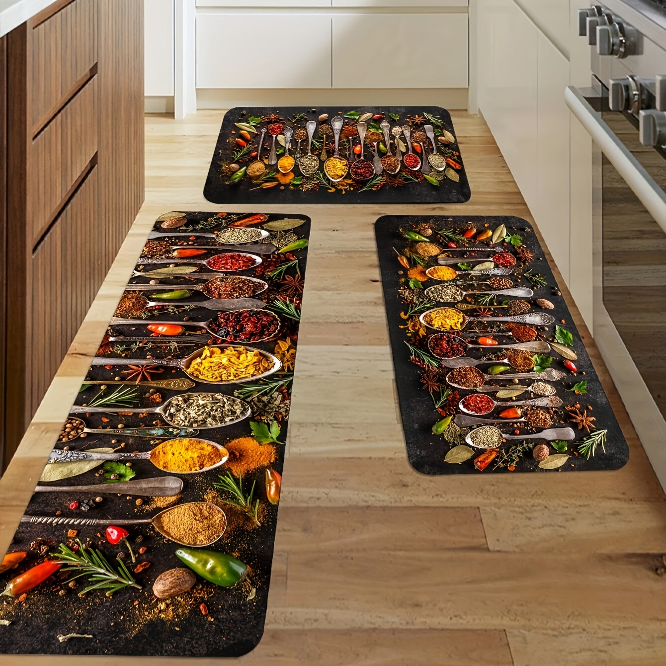 1 piece of Spices and Cutlery Patterned Mat for the Kitchen - Non-slip Kitchen Floor Rug, Home Decor and Room Decoration