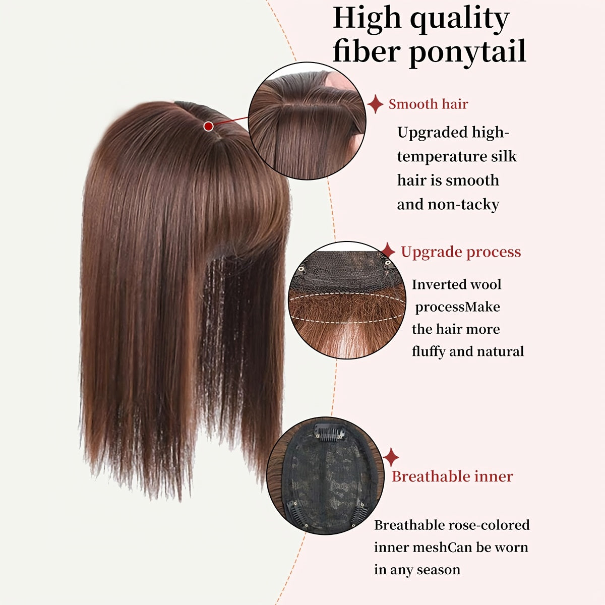 Straight synthetic hair pieces for women that seamlessly clip in to provide a natural-looking bang, with an invisible white cover and hair clips.