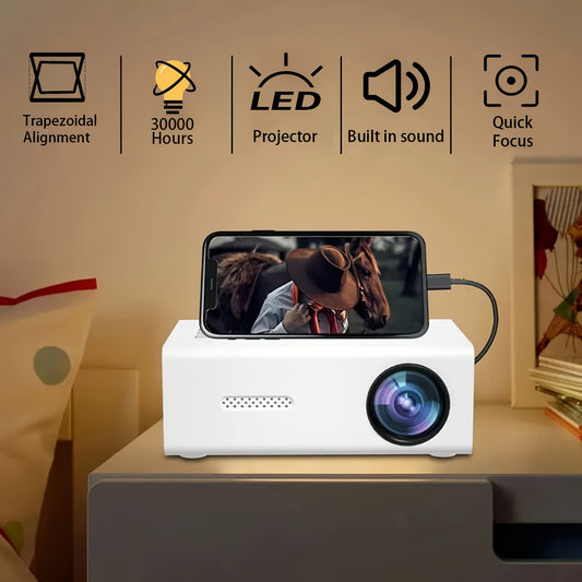 Compact ZRZTM Micro Projector with fast focus, 1080P compatibility, 320P native resolution, 30000 hours lifespan. Portable and ideal for home bedroom use, compatible with TV sticks